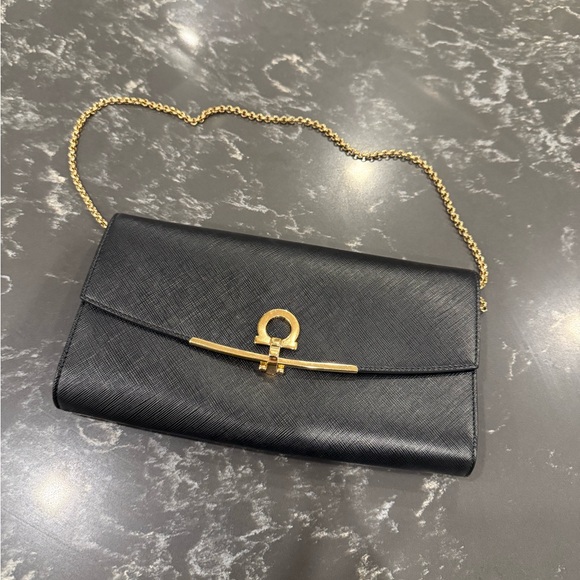 Ferragamo Gancini Black Leather Clutch